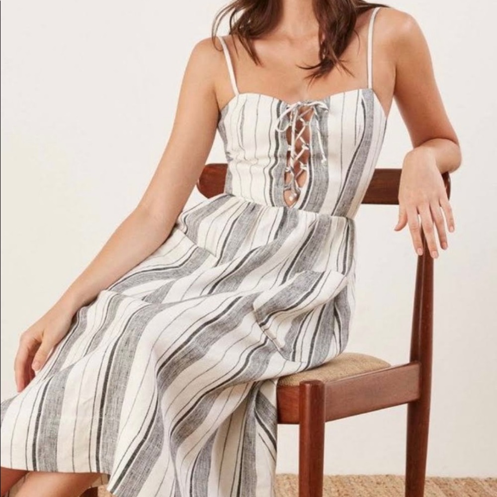 Reformation White Striped Lace-up Midi Ellen Linen Dress